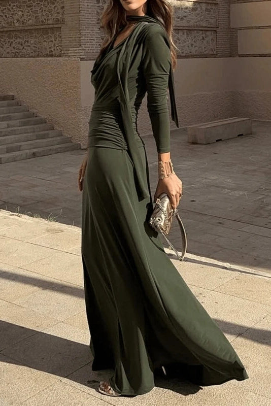 Glorol - Long Sleeve V-Neck Slim High Waist Maxi Dress