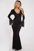 Glorol - Elegant Lace Long Sleeve Deep V Neck Maxi Dress