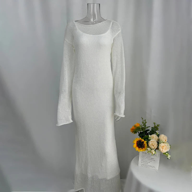 Glorol - See Through Loose Long Sleeve Knitted Maxi Dress