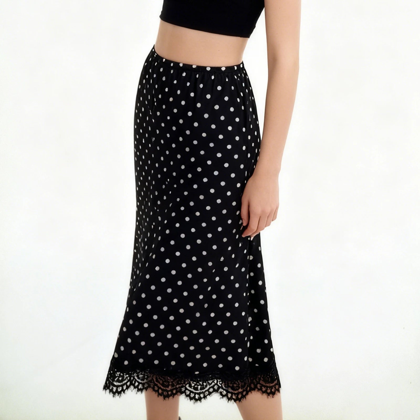 Glorol - Polka Dot Low Waist Sheer Mesh Flowy Skirt