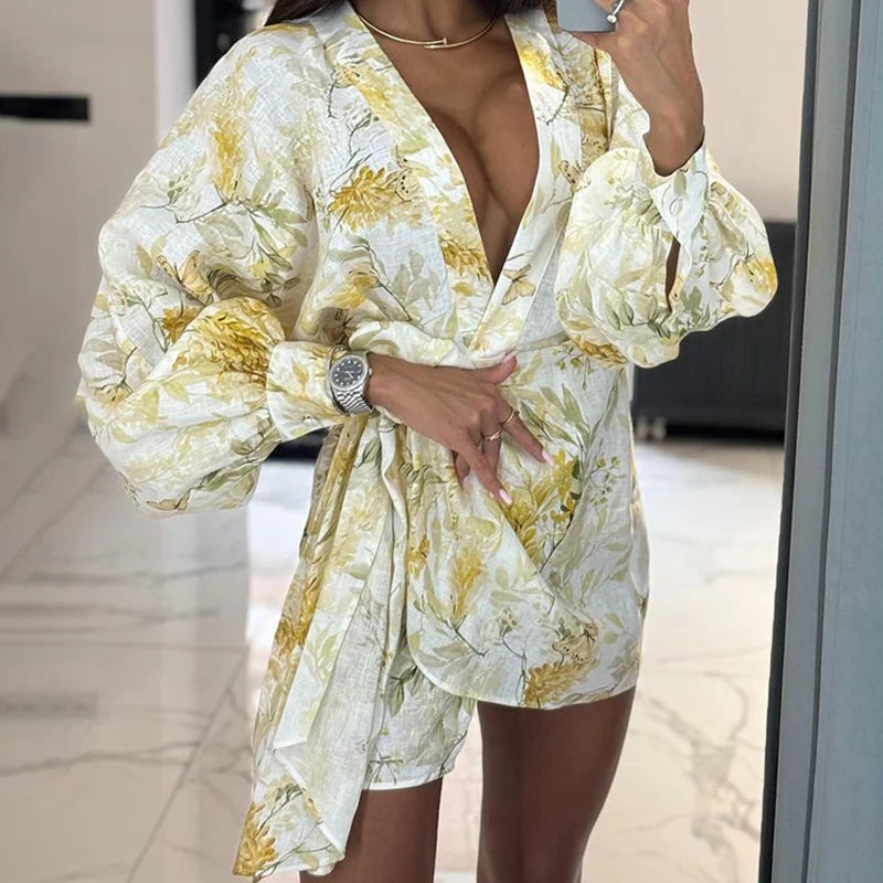Glorol - Printed V Neck Long Sleeve Lace Up Loose Mini Dress