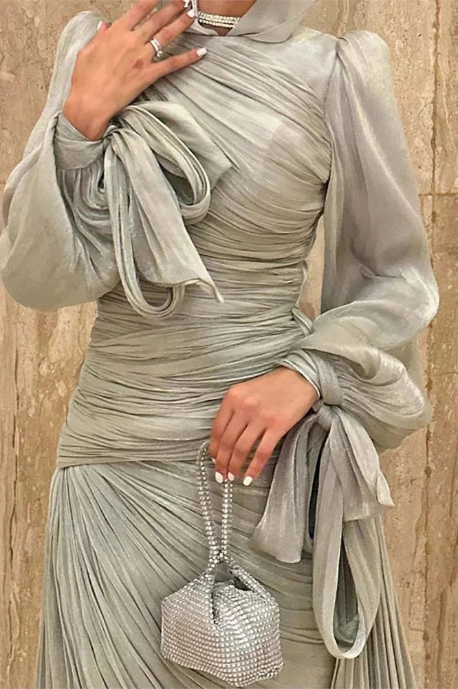 Glorol - Elegant Long Sleeve High Waist Pleated Slim Maxi Dress