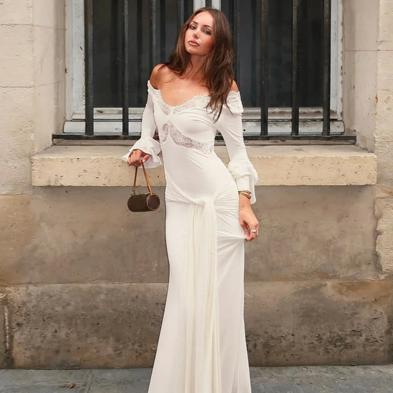 Glorol - Elegant V-Neck Lace Lace-Up Patchwork Maxi Dress