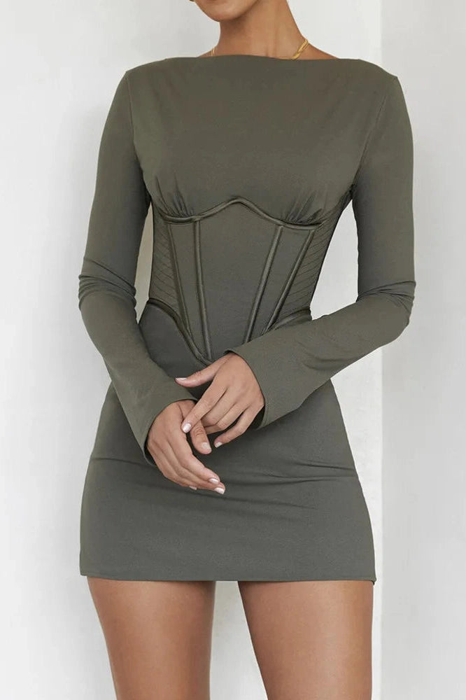 Glorol - Full Sleeve O Neck Corset Backless Bodycon Mini Dress