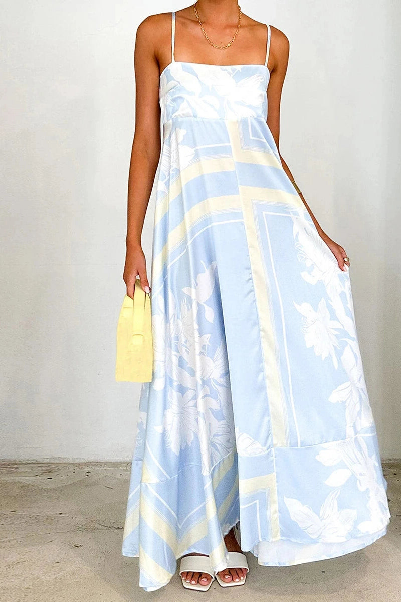 Glorol - Printed Spaghetti Strap Backless A-Line Maxi Dress