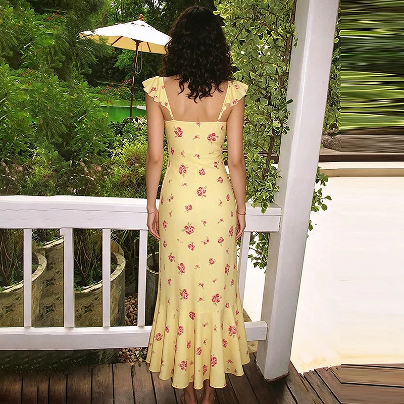 Glorol - Printed Sleeveless Square Collar Slim Maxi Dress