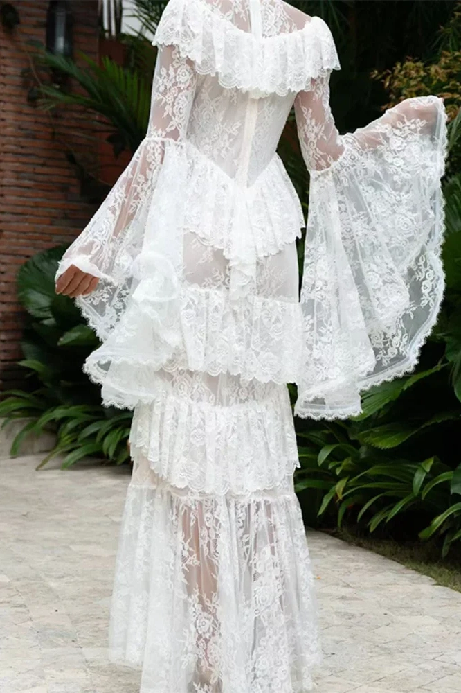 Glorol - Long Sleeve Lace Embroidery High Waist Maxi Dress