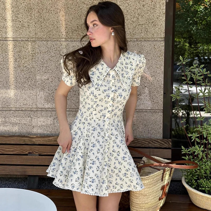 Glorol - Printed Short Sleeve Slim Single Breasted Mini Dress