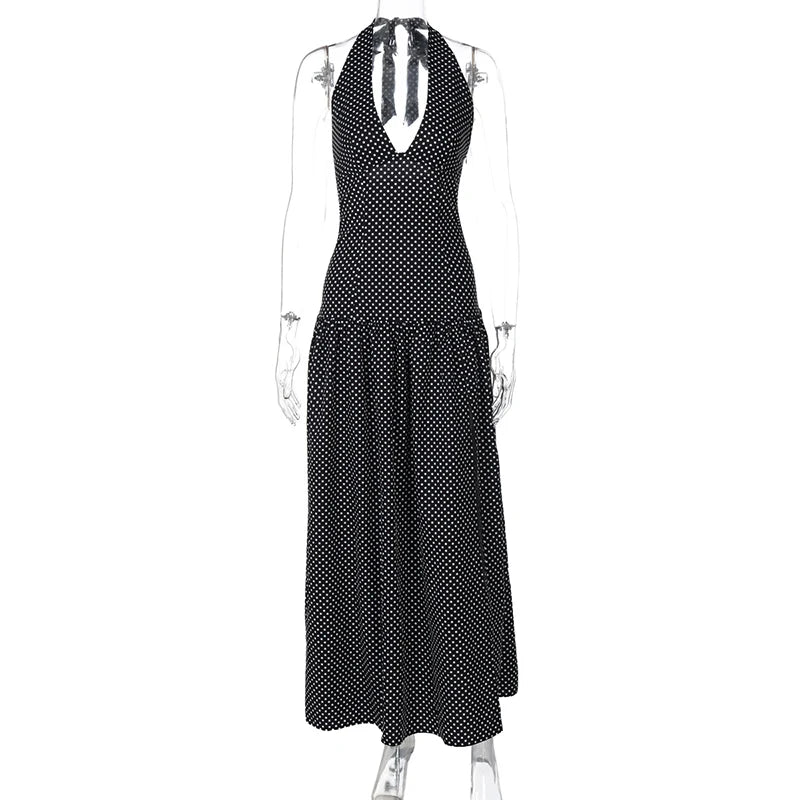 Glorol - Polka Dot V Neck Lace Up Backless Slim Maxi Dress