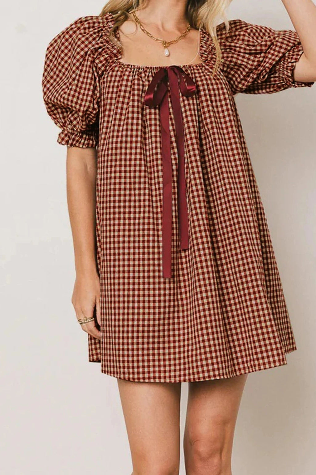Glorol - Plaid Loose Square Neck Puff Sleeve Mini Dress