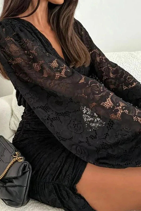 Glorol - Elegant Slim High Waist Pleated Lace V-Neck Long Sleeve Mini Dress