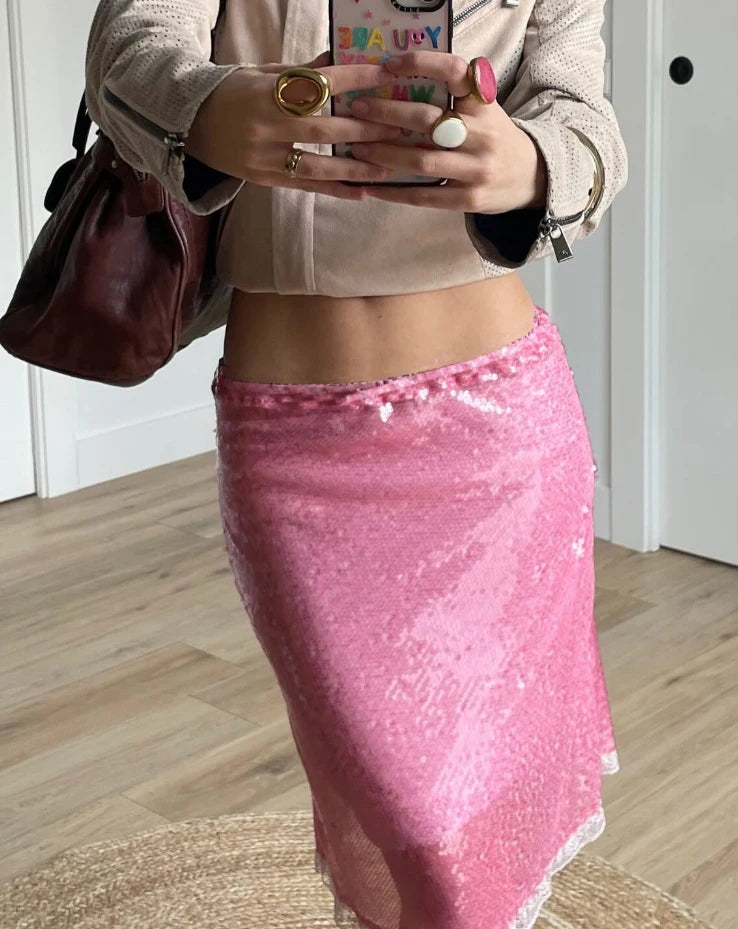 Glorol - Low Waist Sequins Lace Skirt