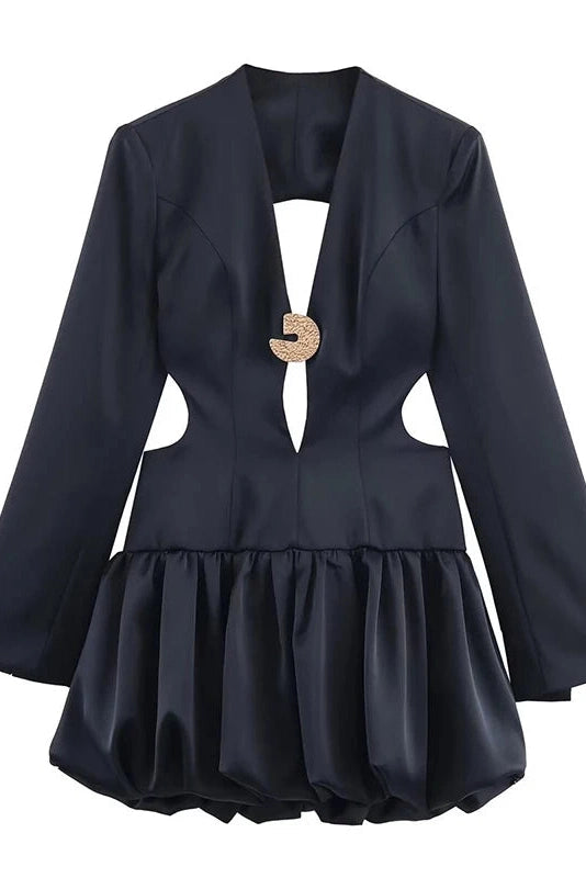 Glorol - Hollow Out Pleated Backless Long Sleeve Slim High Waist Mini Dress