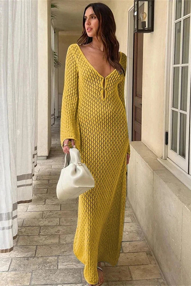 Glorol - See-Through V-Neck Backless Maxi Dress