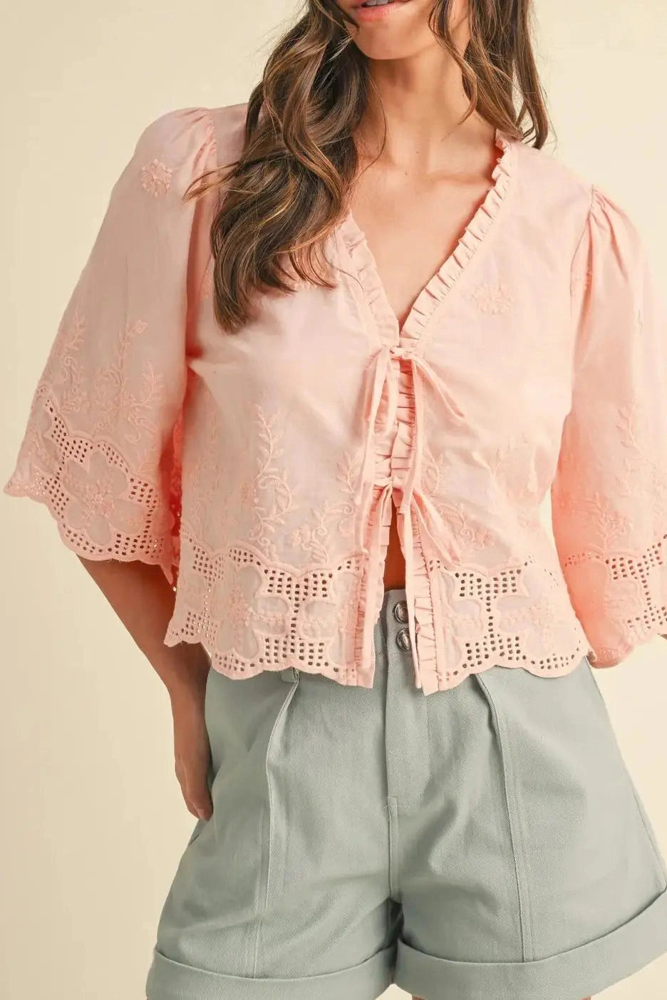 Glorol - Short Sleeve Loose Sleeve Patchwork Tie-Up Top