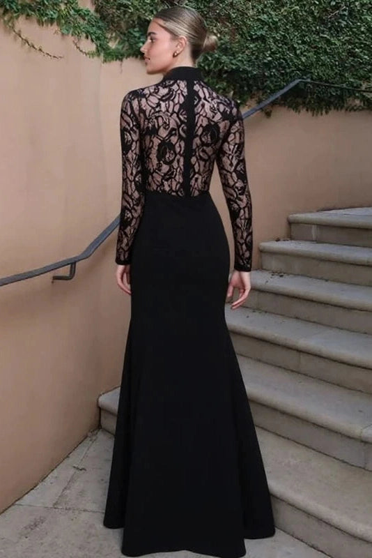 Glorol - Lace Slim See-Through Long-Sleeved High-Waisted Maxi Dress