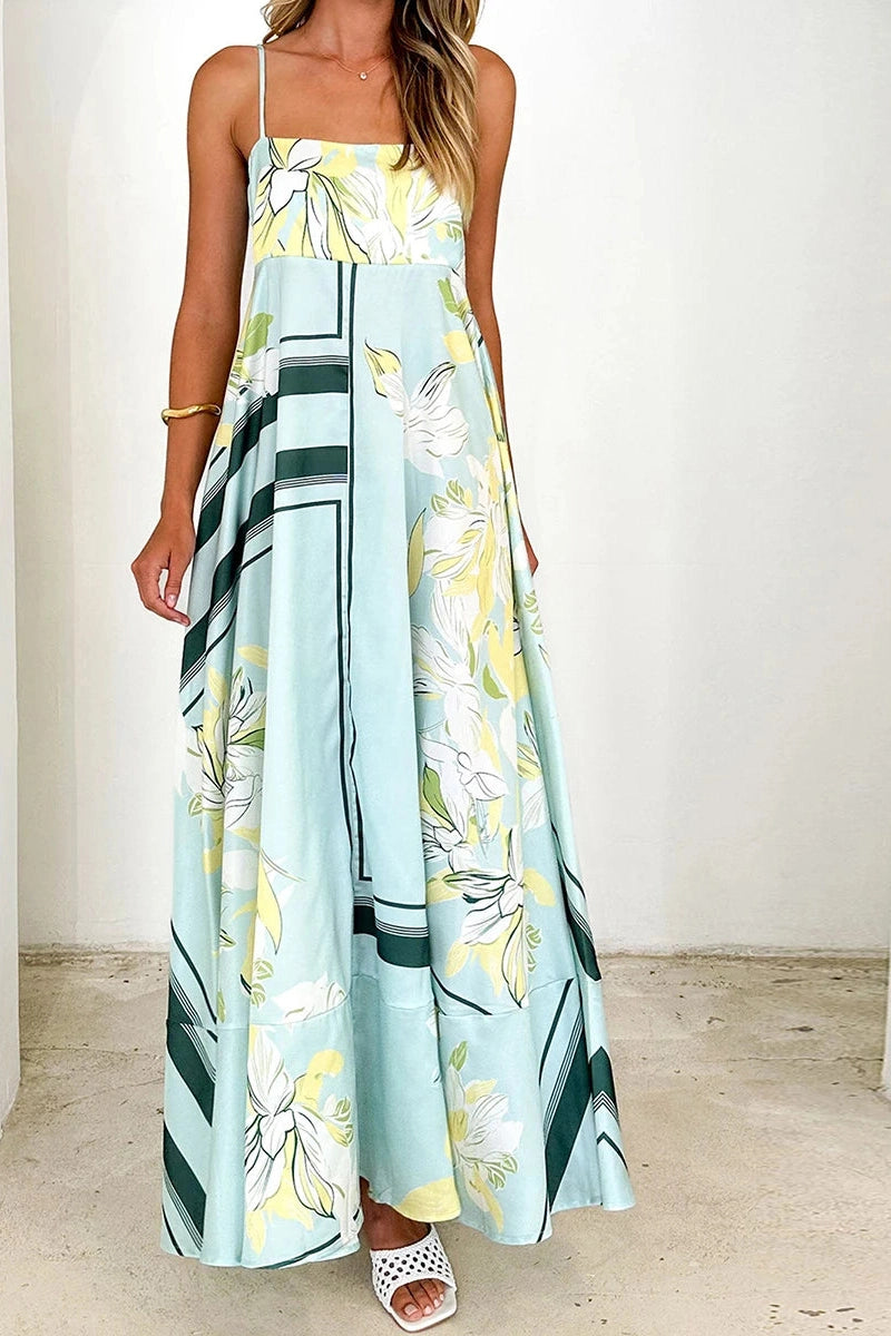 Glorol - Printed Spaghetti Strap Backless A-Line Maxi Dress