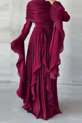 Glorol - Elegant O-Neck High Waist Pleated Irregular Maxi Dress