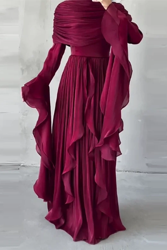 Glorol - Elegant O-Neck High Waist Pleated Irregular Maxi Dress