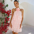 Glorol - Elegant Flower Lace-Up Patchwork Mini Dress