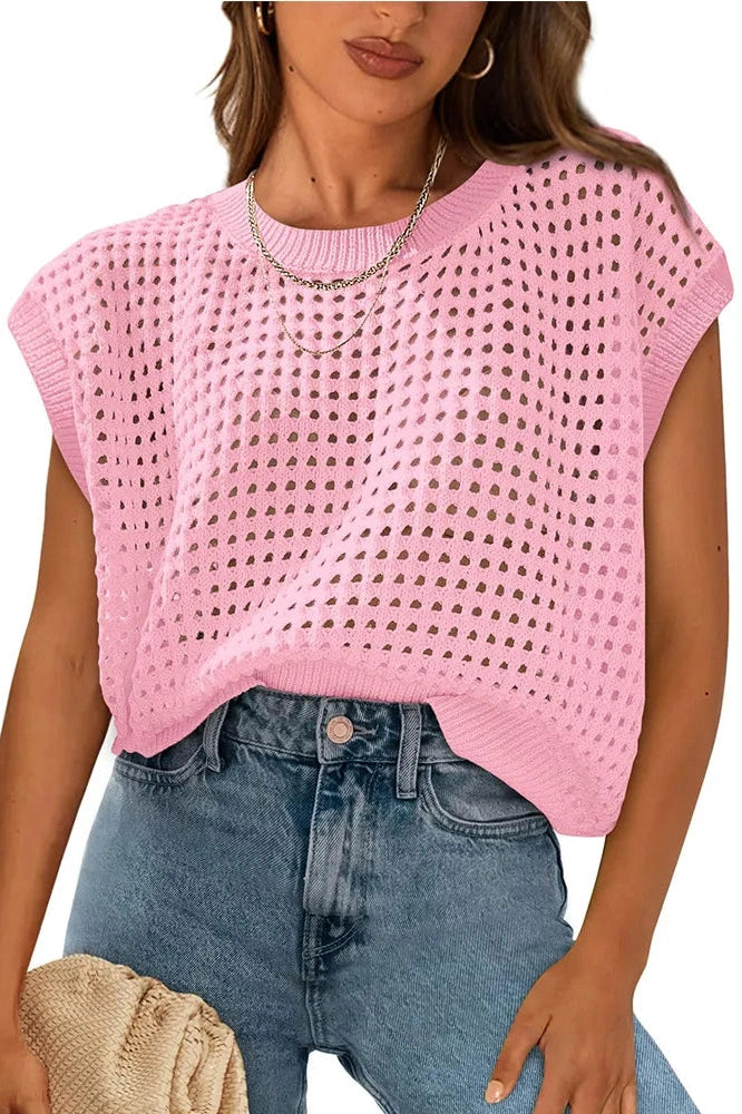 Glorol - Hollow Out O-Neck Loose Knitted Top