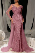 Glorol - Elegant High Waist Long Sleeve Slim V-Neck Lace Maxi Dress