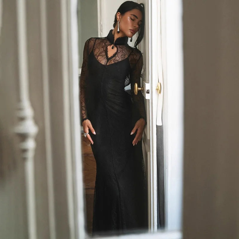 Glorol - Lace Hollow Out See Through Patchwork High Waist Maxi Dress