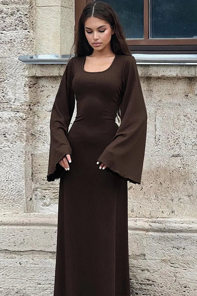 Glorol - Lace-up Long Sleeve Bodycon Maxi Dress