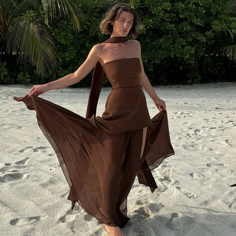 Glorol - Elegant Strapless Sleeveless Maxi Dress