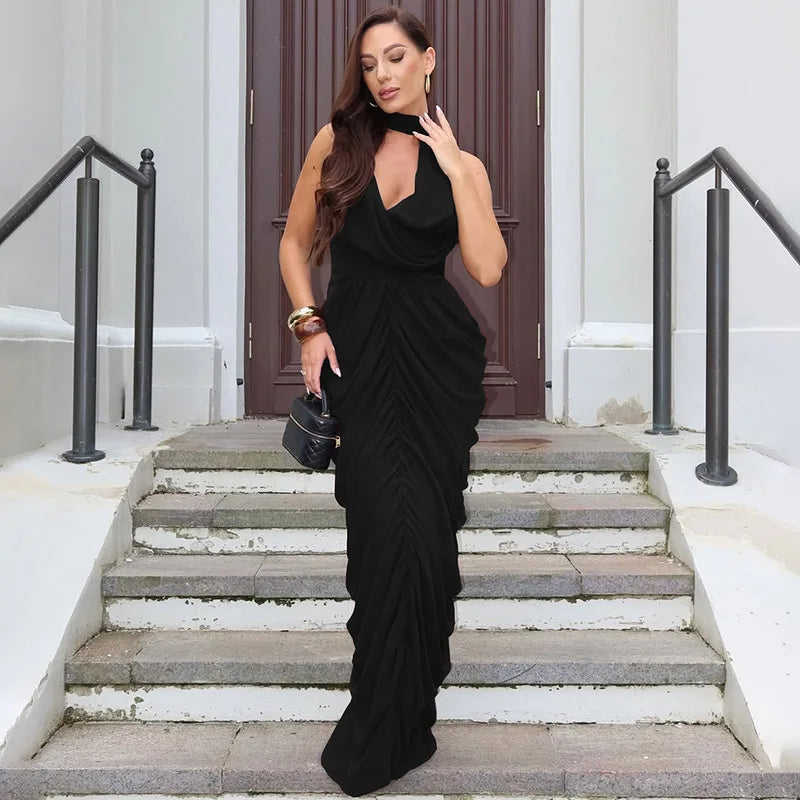 Glorol - Elegant Scarf Collar Backless Patchwork High-Waist Maxi Dress