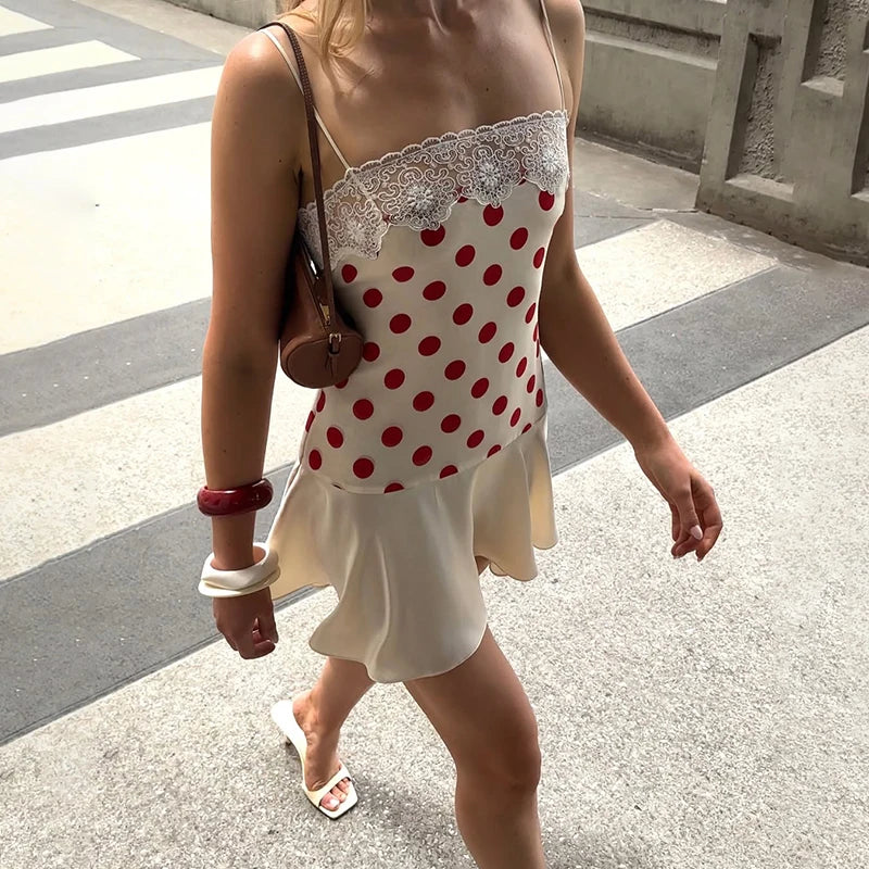 Glorol - Polka Dot Lace Slim Sleeveless Mini Dress