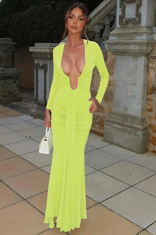 Glorol - Deep V Neck Long Sleeve Bodycon Maxi Dress