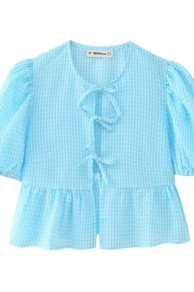 Glorol - Hollow Out Printed Short Sleeve Lace-Up Slim Top