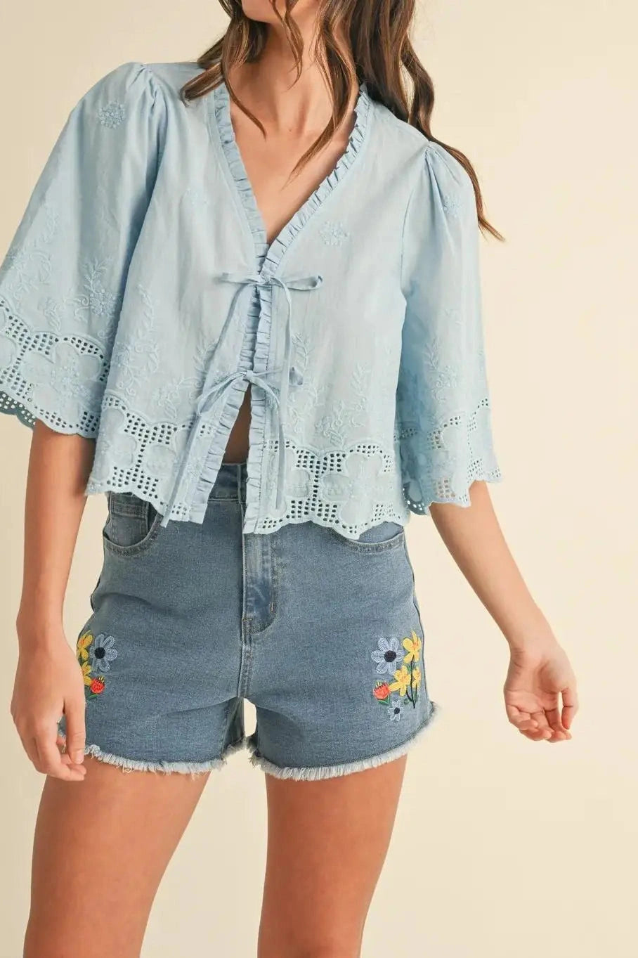 Glorol - Short Sleeve Loose Sleeve Patchwork Tie-Up Top