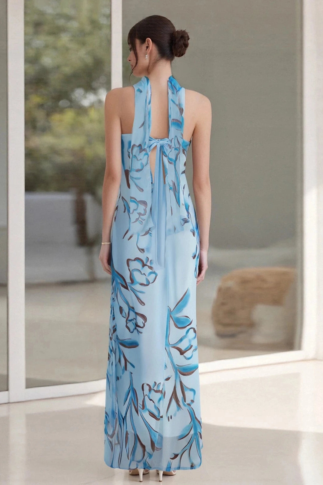 Glorol - Floral Print Backless Strapless Maxi Dress