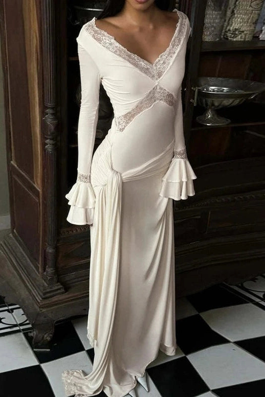 Glorol - Lace V-Neck Sleeves Patchwork Slim Maxi Dress