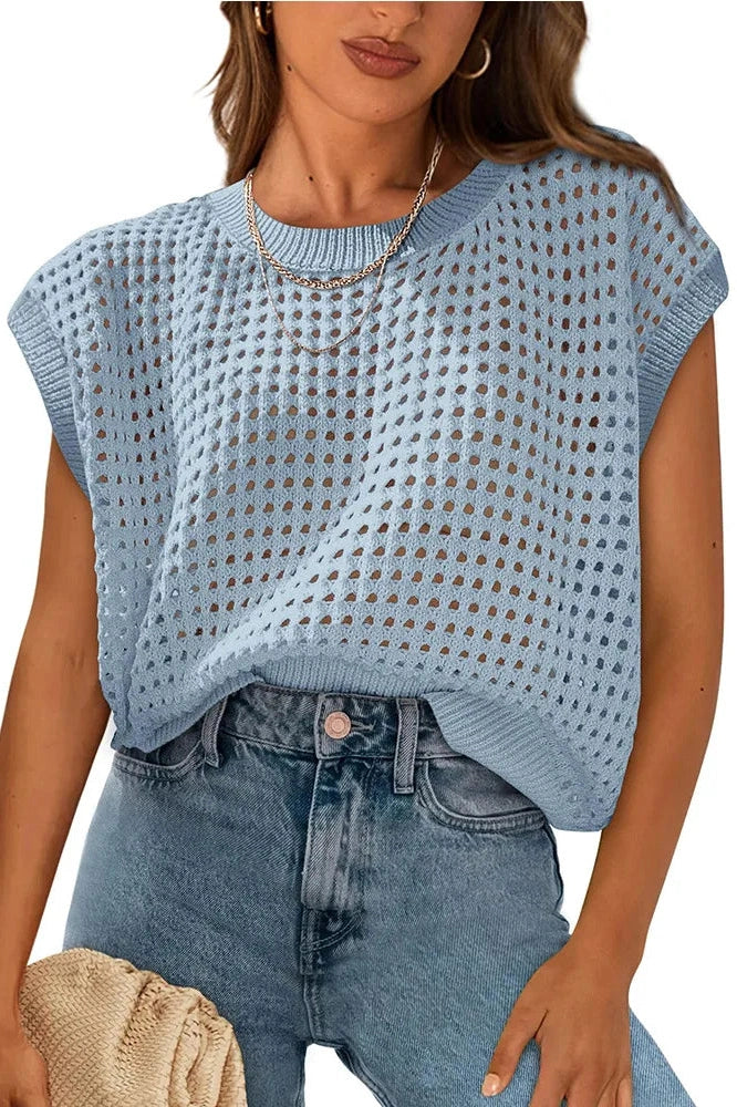 Glorol - Hollow Out O-Neck Loose Knitted Top