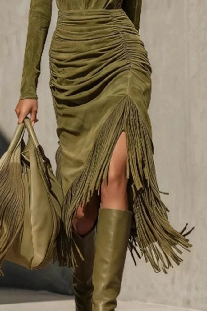 Glorol - Long Sleeve Turtleneck Fit High Waist Midi Dress