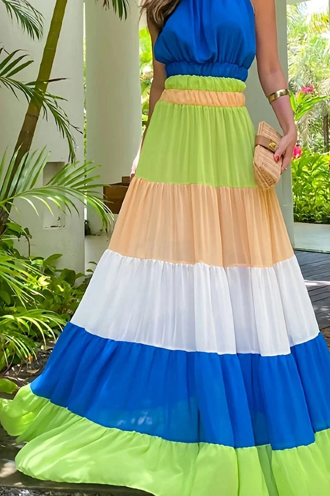 Glorol - Hollow Out High Waist Pleated Sleeveless Maxi Dress