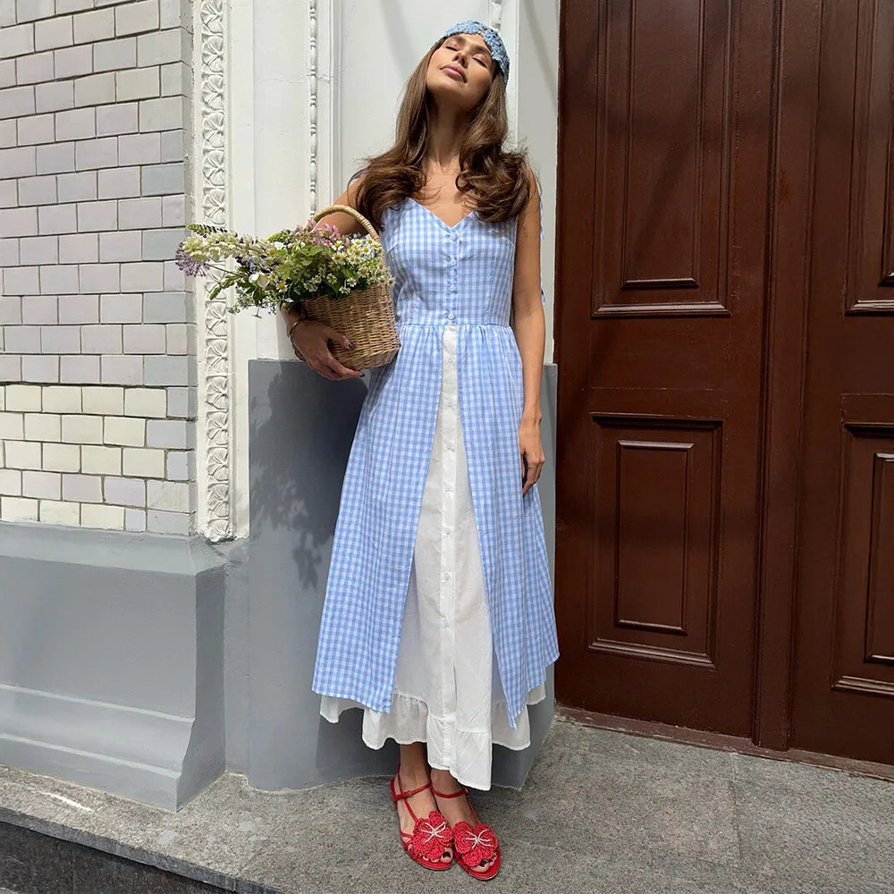 Glorol - Plaid Printed Single Breasted Maxi Dress