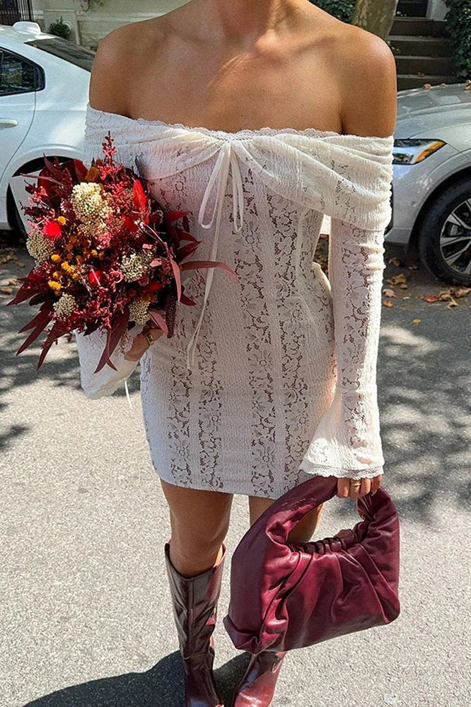 Lace Hollow Out Slim Off-Shoulder Long Sleeve Bodycon Mini Dress