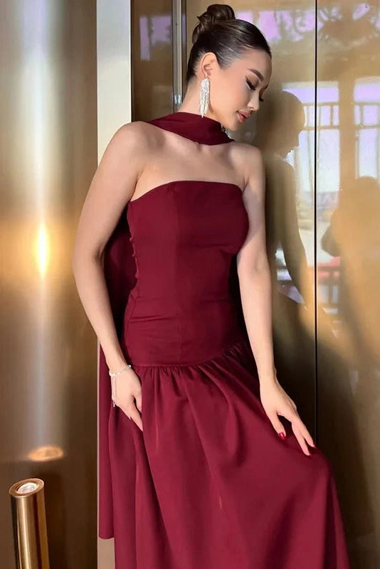Glorol - Elegant Strapless Lace Up Slim High Waist Maxi Dress