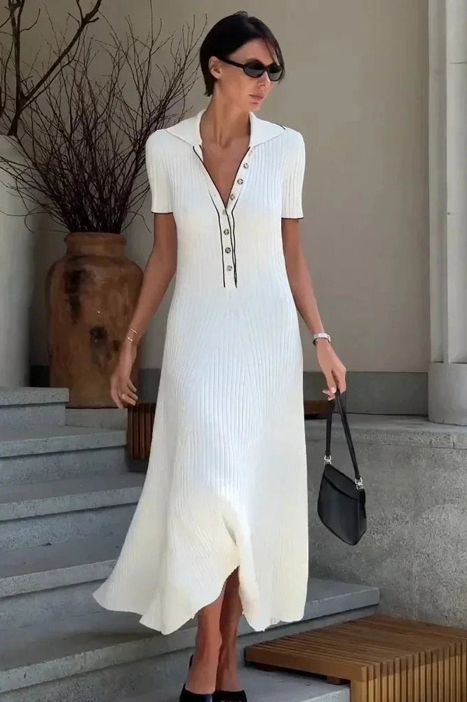 Glorol - Short Sleeve Patchwork High Waist Midi Dress