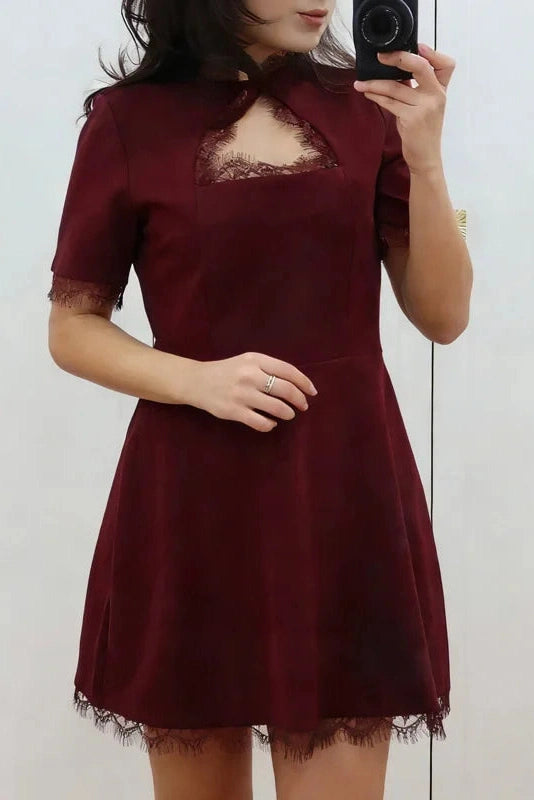 Glorol - Lace Hollow Out Patchwork Short Sleeve Printed Mini Dress