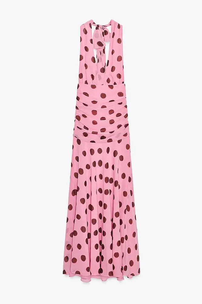 Notiglo - Elegant Printed Pleated Backless Sleeveless Maxi Dress