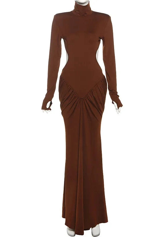 Glorol - Elegant Backless Turtleneck Long Sleeve Maxi Dress