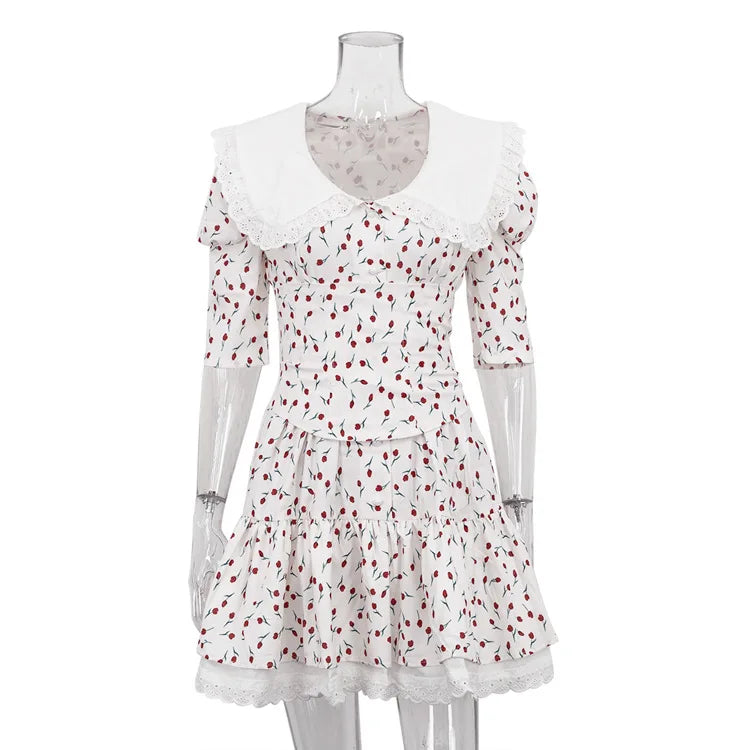 Glorol - Short Sleeve Lace High Waist Mini Dress