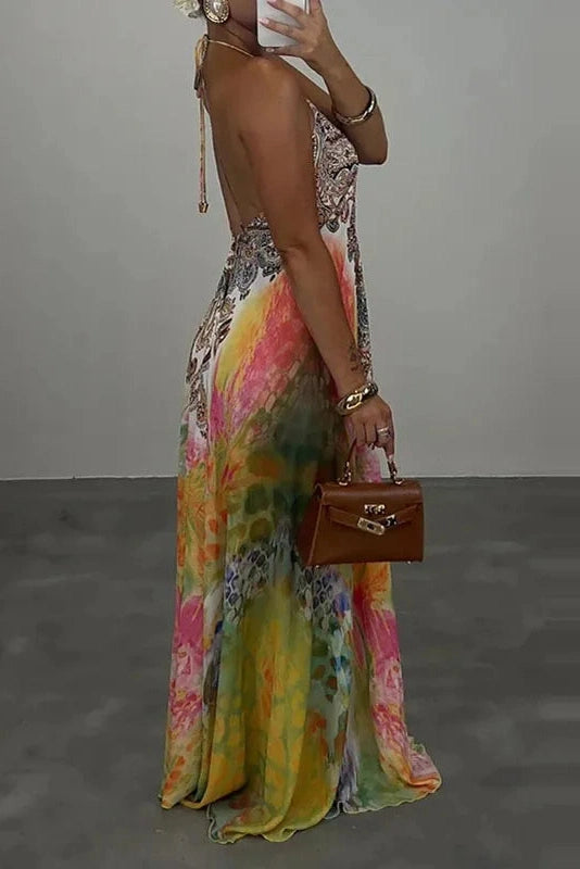 Glorol - Printed High Waist V-Neck Backless Sleeveless Loose Maxi Dress