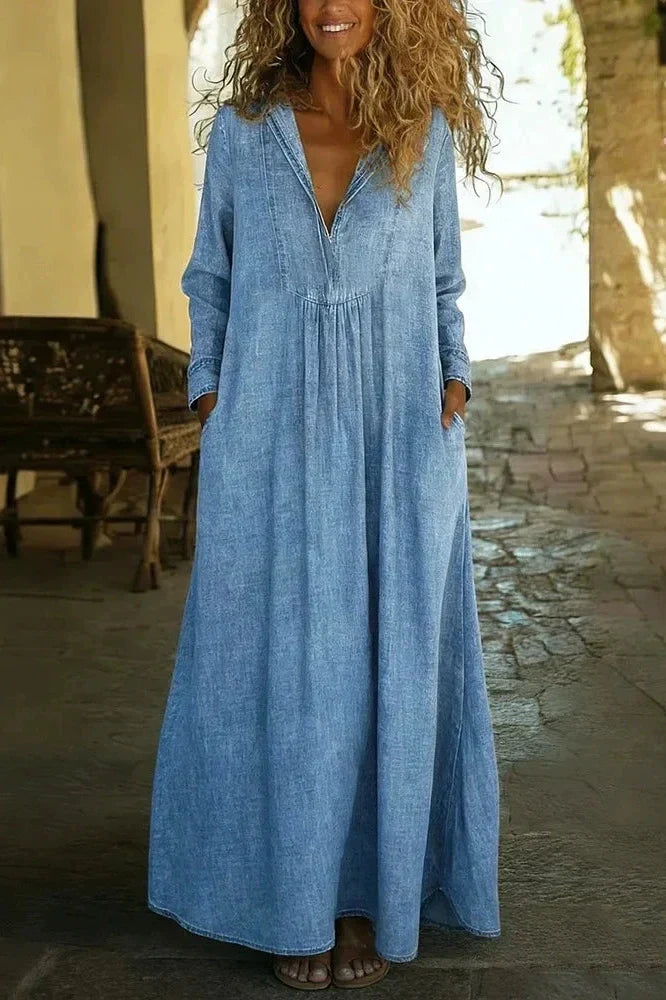 V-Neck Long Sleeve Loose Pleated Maxi Dress