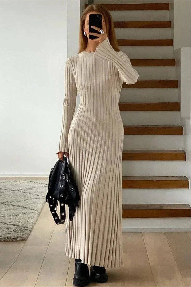 Glorol - Lace-Up High Waist Patchwork Long Sleeve Maxi Dress